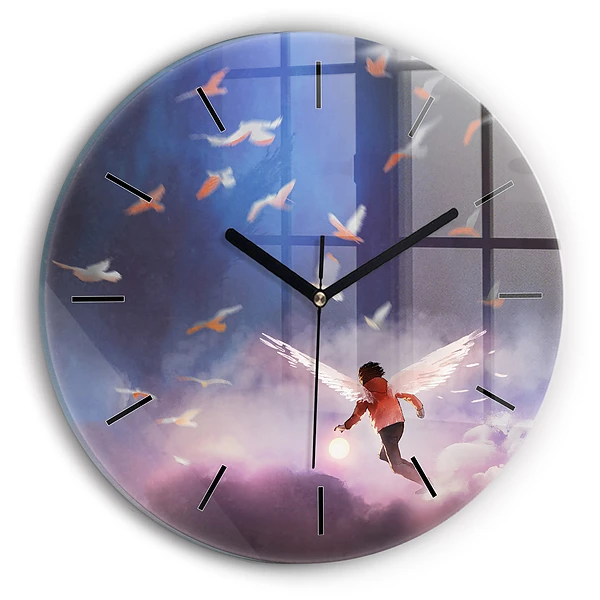 Wanduhr glas rund Junge mit Flügeln