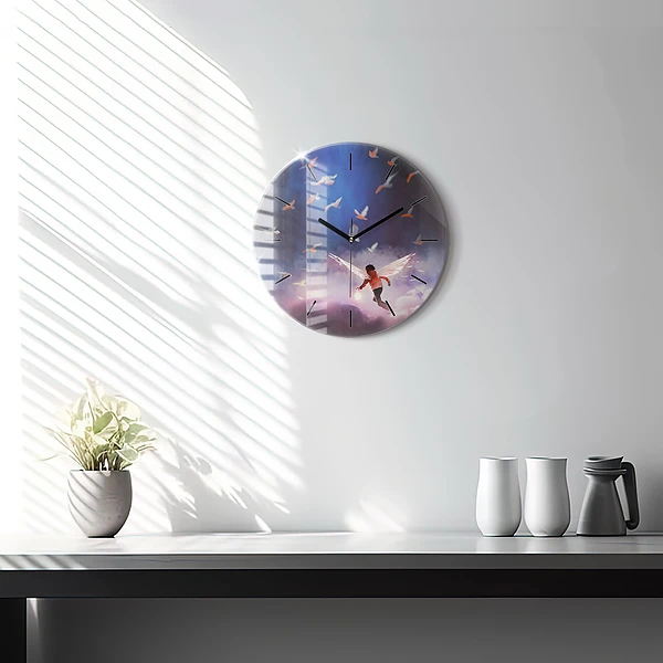 Wanduhr glas rund Junge mit Flügeln