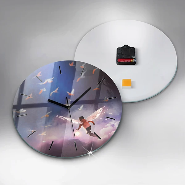 Wanduhr glas rund Junge mit Flügeln