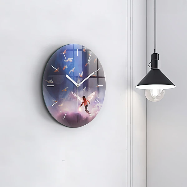 Wanduhr glas rund Junge mit Flügeln
