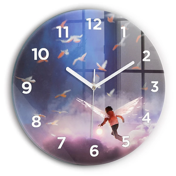 Wanduhr glas rund Junge mit Flügeln