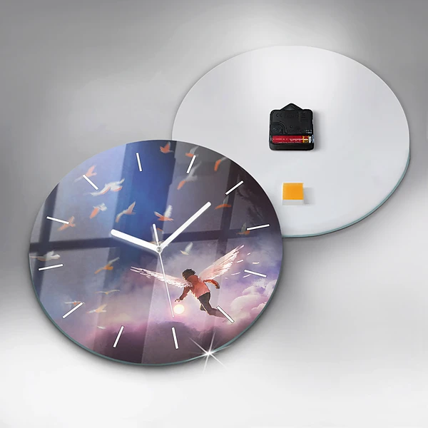 Wanduhr glas rund Junge mit Flügeln
