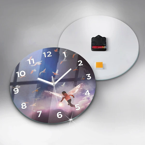 Wanduhr glas rund Junge mit Flügeln