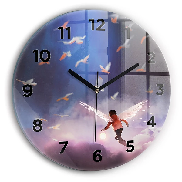 Wanduhr glas rund Junge mit Flügeln
