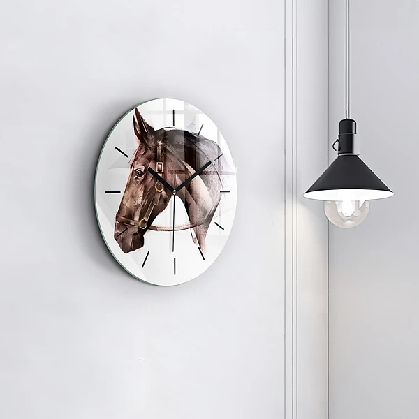 Wanduhr glas rund Gemaltes Profil eines Pferdes