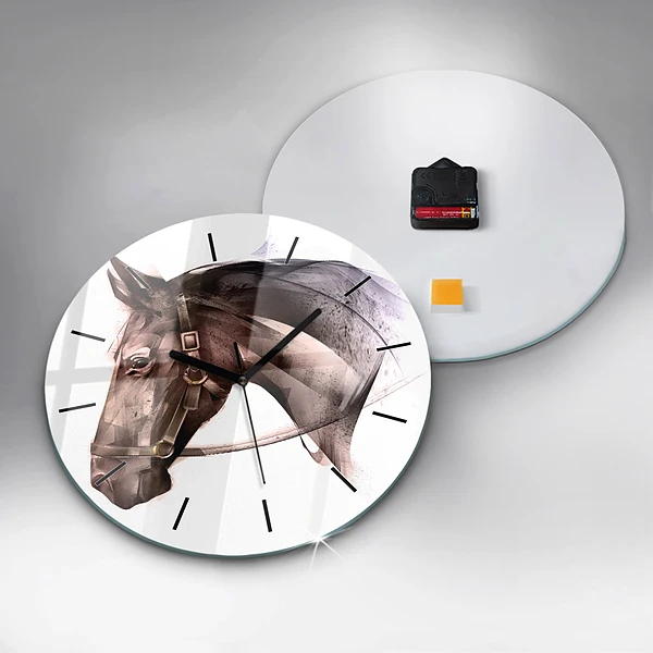 Wanduhr glas rund Gemaltes Profil eines Pferdes