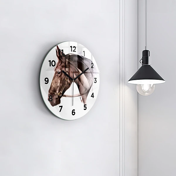 Wanduhr glas rund Gemaltes Profil eines Pferdes