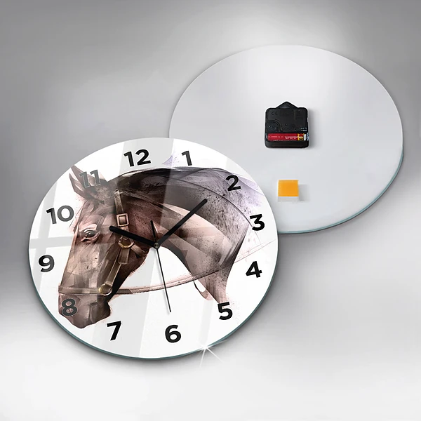 Wanduhr glas rund Gemaltes Profil eines Pferdes