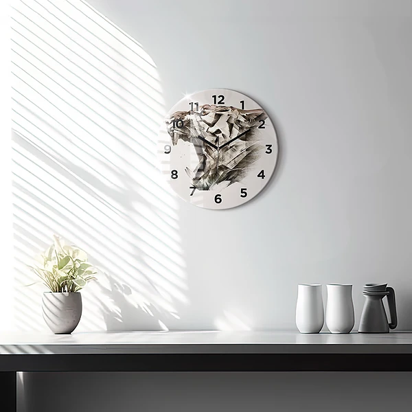 Wanduhr glas rund Gemaltes Porträt eines Tigers