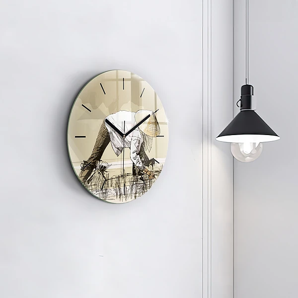 Wanduhr rund Frau pflückt Reis
