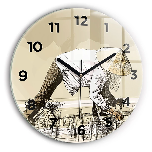 Wanduhr rund Frau pflückt Reis