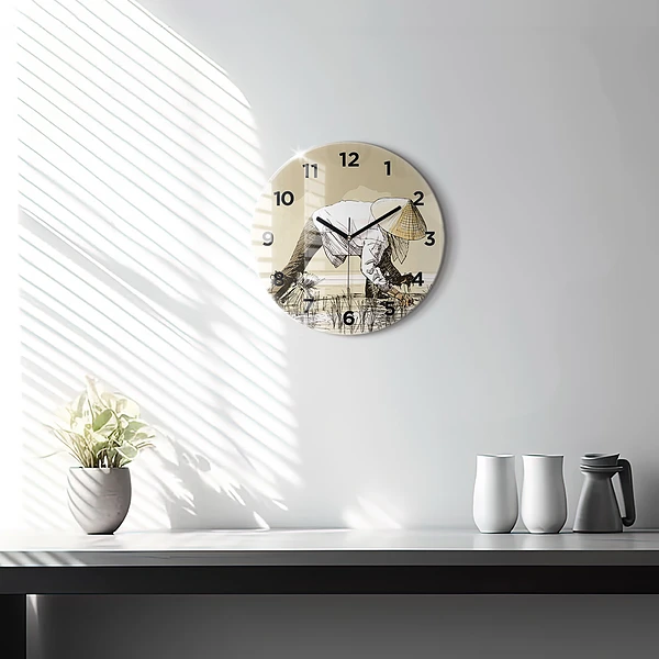 Wanduhr rund Frau pflückt Reis