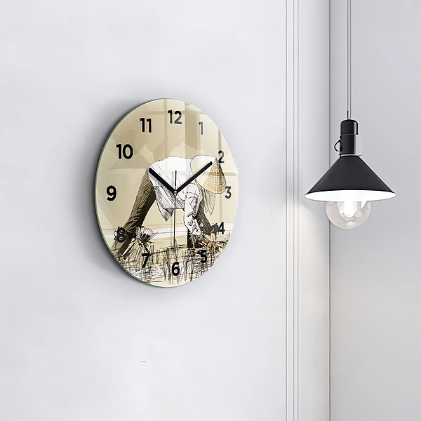 Wanduhr rund Frau pflückt Reis