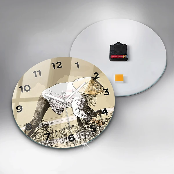 Wanduhr rund Frau pflückt Reis