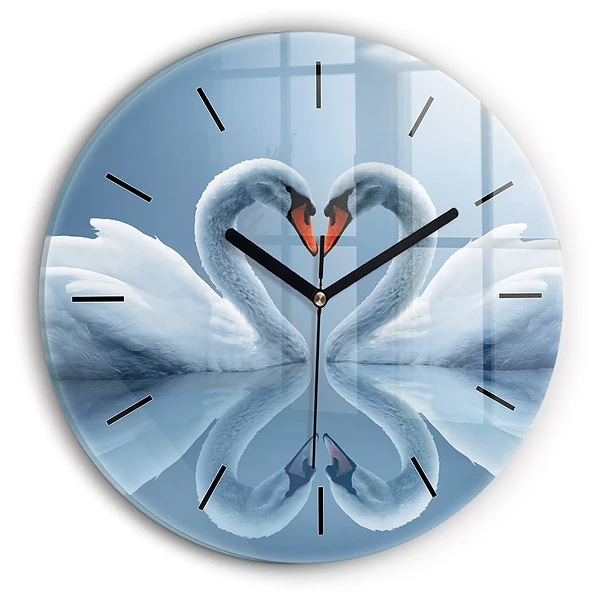 Wanduhr glas rund Schwäne im Herzen