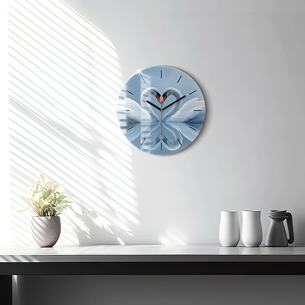 Wanduhr glas rund Schwäne im Herzen