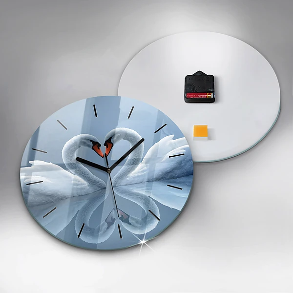 Wanduhr glas rund Schwäne im Herzen