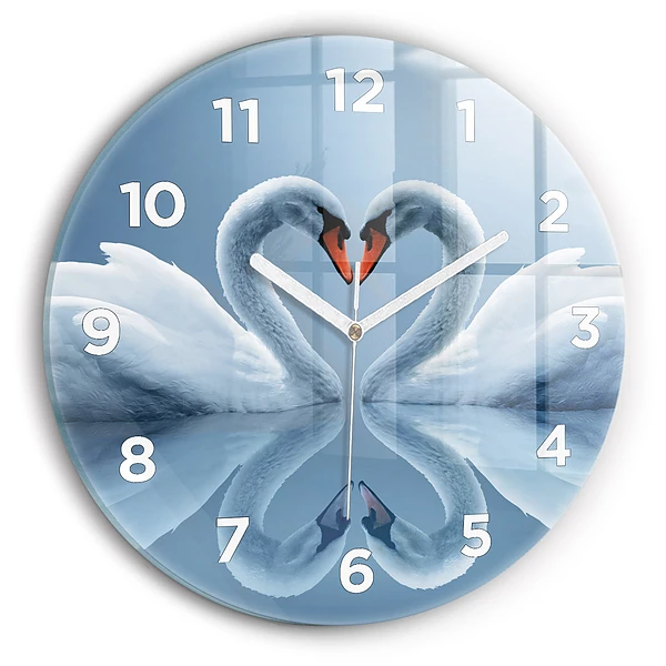 Wanduhr glas rund Schwäne im Herzen
