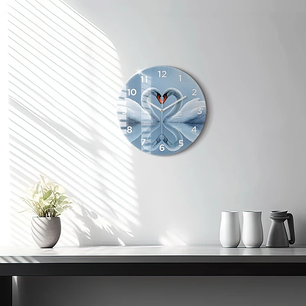 Wanduhr glas rund Schwäne im Herzen