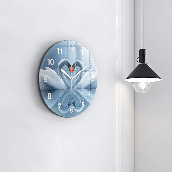 Wanduhr glas rund Schwäne im Herzen