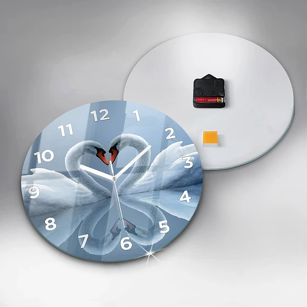 Wanduhr glas rund Schwäne im Herzen