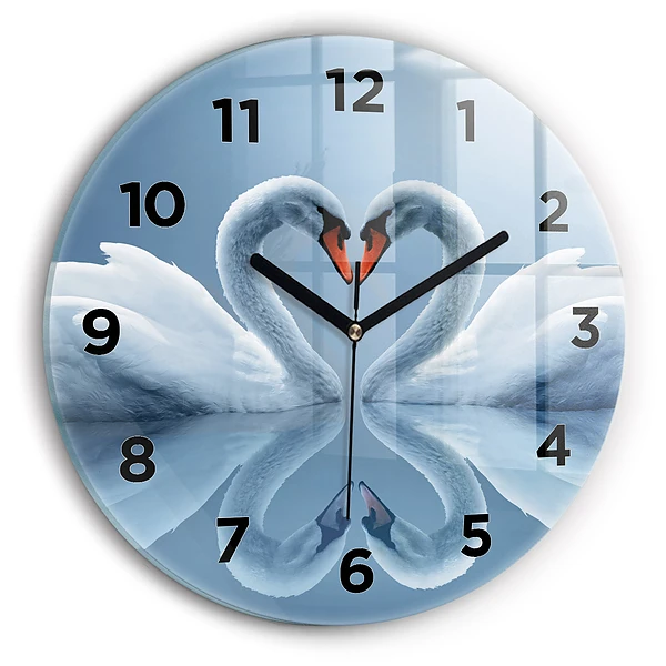 Wanduhr glas rund Schwäne im Herzen
