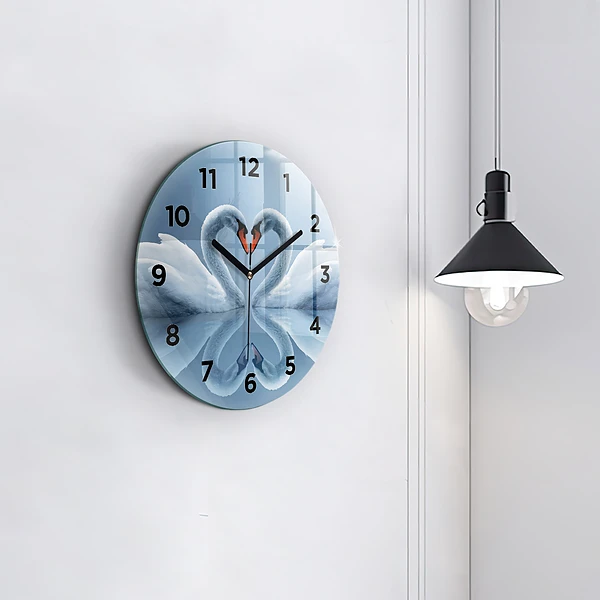 Wanduhr glas rund Schwäne im Herzen