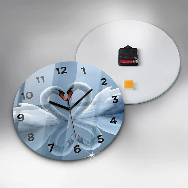 Wanduhr glas rund Schwäne im Herzen