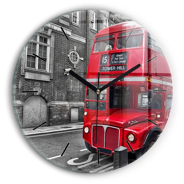 Wanduhr glas rund Roter Doppeldeckerbus