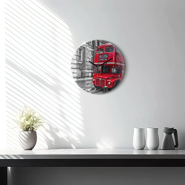 Wanduhr glas rund Roter Doppeldeckerbus