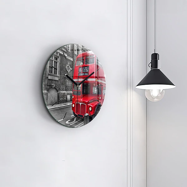Wanduhr glas rund Roter Doppeldeckerbus