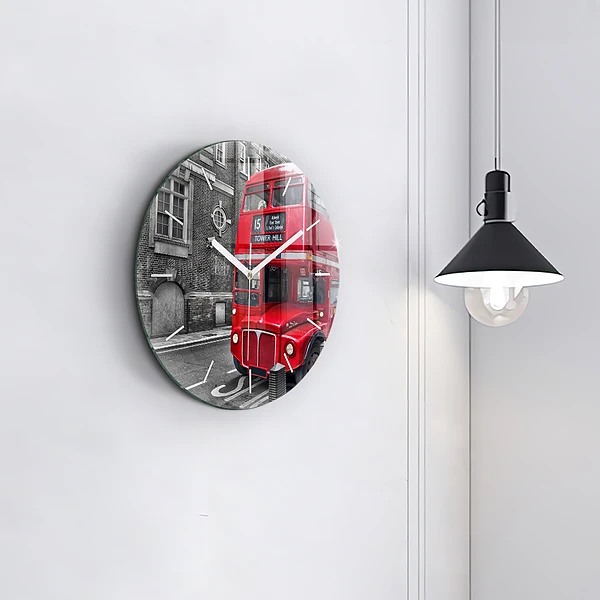 Wanduhr glas rund Roter Doppeldeckerbus