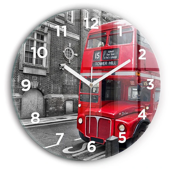 Wanduhr glas rund Roter Doppeldeckerbus