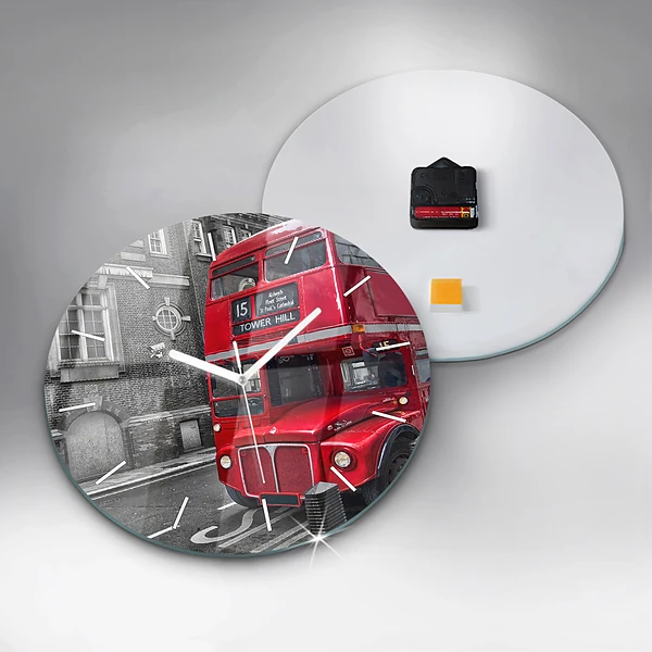 Wanduhr glas rund Roter Doppeldeckerbus
