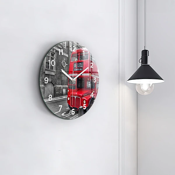 Wanduhr glas rund Roter Doppeldeckerbus