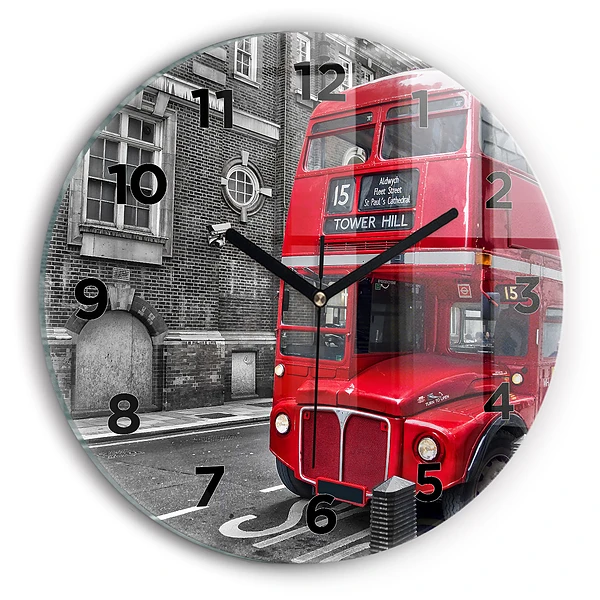 Wanduhr glas rund Roter Doppeldeckerbus
