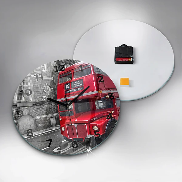 Wanduhr glas rund Roter Doppeldeckerbus