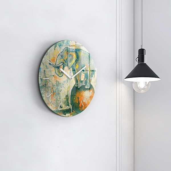 Wanduhr glas rund Bemalte Elefantenhaltung