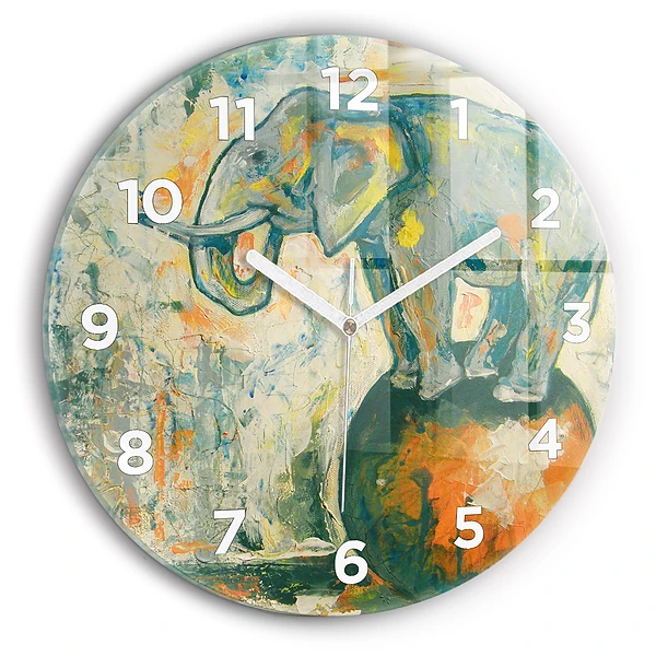 Wanduhr glas rund Bemalte Elefantenhaltung