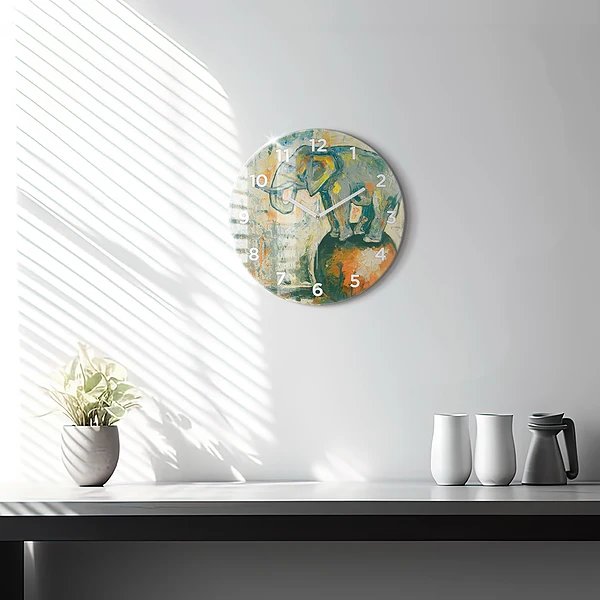 Wanduhr glas rund Bemalte Elefantenhaltung