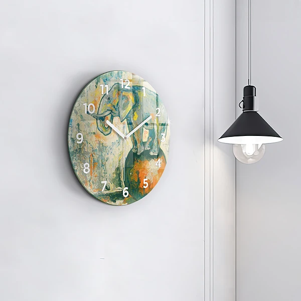 Wanduhr glas rund Bemalte Elefantenhaltung