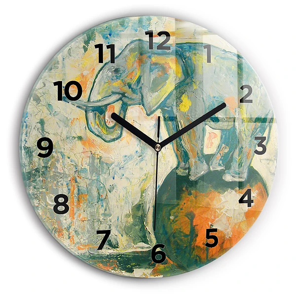 Wanduhr glas rund Bemalte Elefantenhaltung