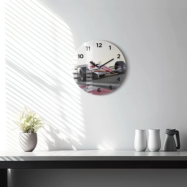 Wanduhr glas rund Sportlicher Rennwagen