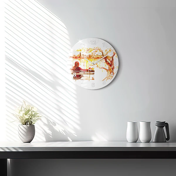Wanduhr glas rund Herbst-Landschaft