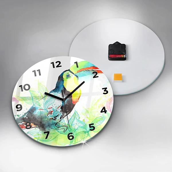Wanduhr rund mit motiv Tukan im Gras