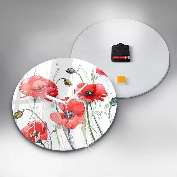 Wanduhr glas rund Gemalte rote Mohnblumen