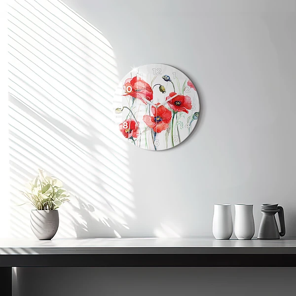 Wanduhr glas rund Gemalte rote Mohnblumen