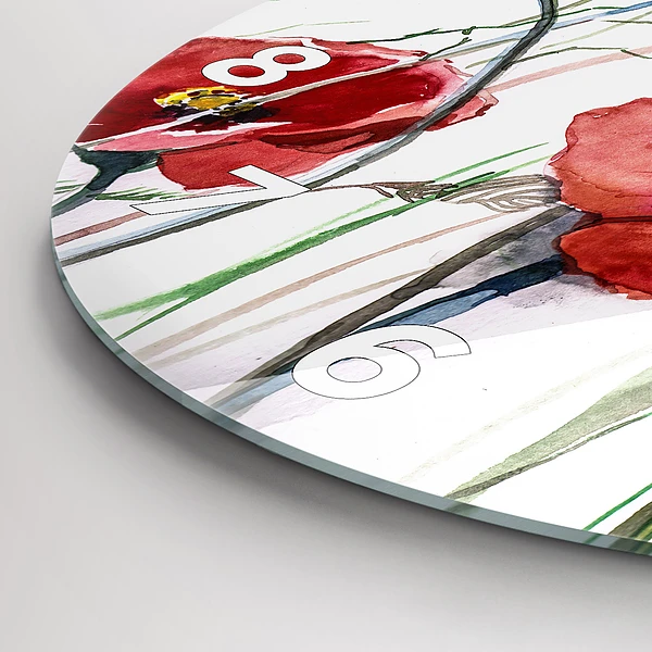Wanduhr glas rund Gemalte rote Mohnblumen