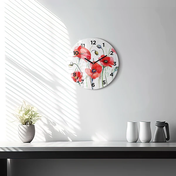 Wanduhr glas rund Gemalte rote Mohnblumen