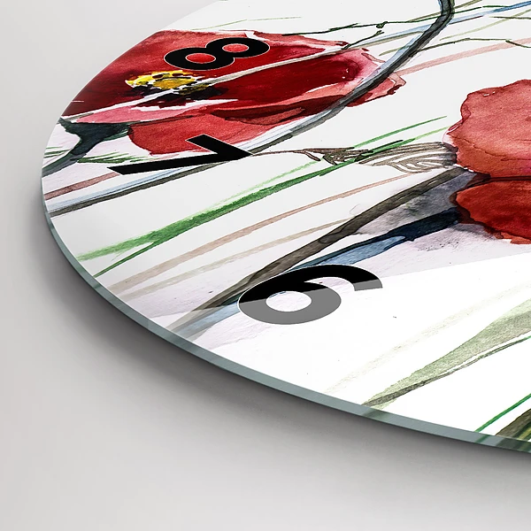 Wanduhr glas rund Gemalte rote Mohnblumen